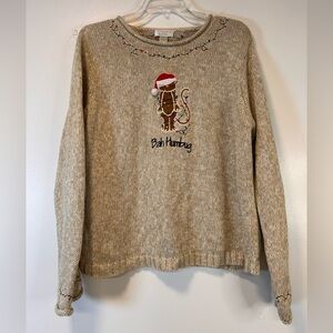 Christopher & Banks Beige‎ Bah Humbug Holiday Sweater with Cat Design Women’s XL